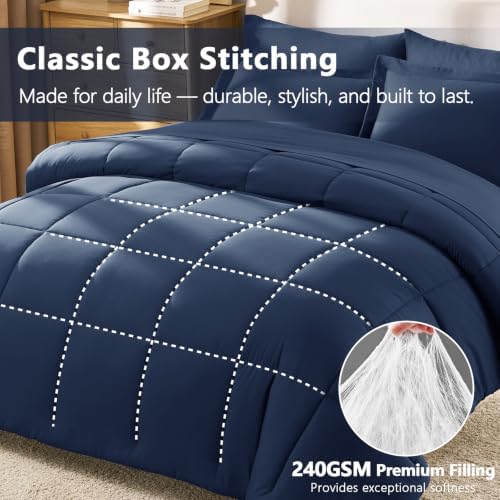 CozyLux Super King Comforter Set, 7-Piece Bed in a Bag, Navy Blue