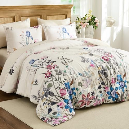 WONGS BEDDING Floral Comforter Set Queen 7 Piece Beige Bedding