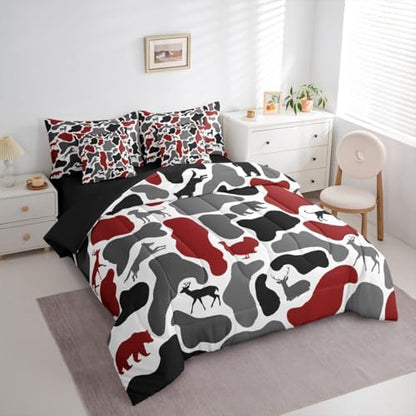 Erosebridal Camouflage 7 Piece Bedding Set Twin Hunting Comforter Set with Sheets Retro Grey Red Bear Army Camo Bed in a Bag Hound Deer Turkey Wolf Print for Kids Boys Girls