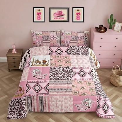 Feelyou Pink Aztec Bedding Set Queen Size, Kids Western Decor Comforter Set Wild West Cowboy Cowgirl Comforter Boho Style Duvet Insert Bed Set 3Pcs