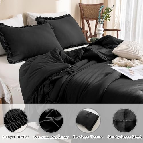 Masaca Black Ruffled Comforter King,Shabby Boho Chic Farmhouse King Bedding Comforter 3 Pieces Vintage Ultra Soft Rustic Bedding for All Season