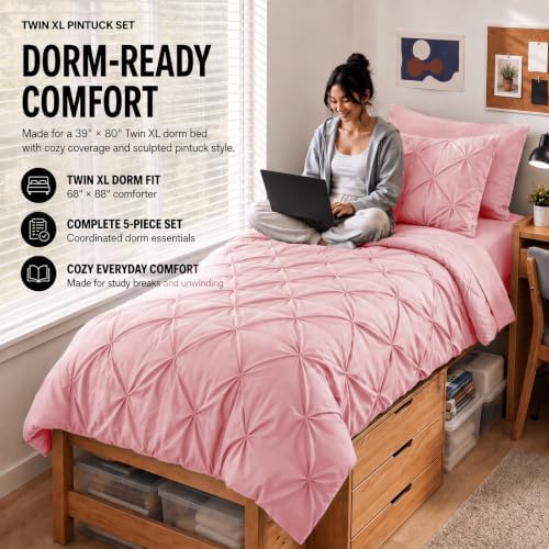 HIMEET Twin XL Comforter Set Pink - 5 Pieces Pintuck Bed in a Bag