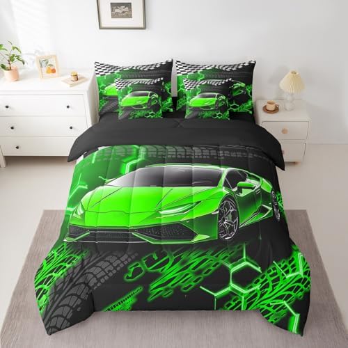 Feelyou Racing Car Bed Set for Kids Boys Girls Twin Size Speed Sports Car 7 Pieces Beeding Set Teen Adult Soft Extreme Sports Bed in a Bag with Comforter, Sheets, Pillowcases Honeycomb Pattern