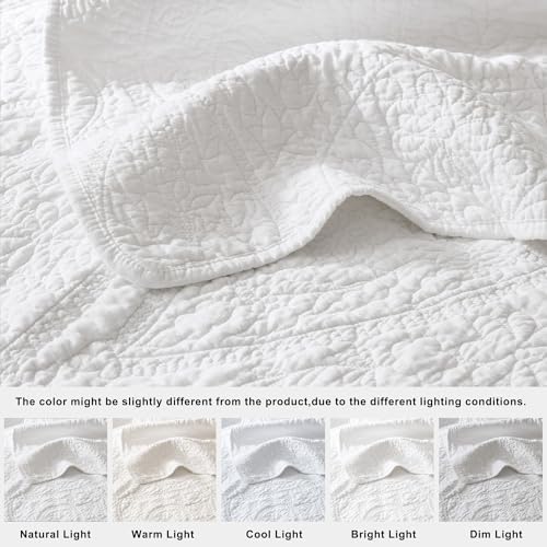 palassio White Paisley 100% Cotton Quilt Queen Size Bedding Sets with 2 Pillow Shams, Boho Floral Lightweight Farmhouse Country Vintage Soft Bedspread Shabby Chic Coverlet for All Season, 3 Pieces