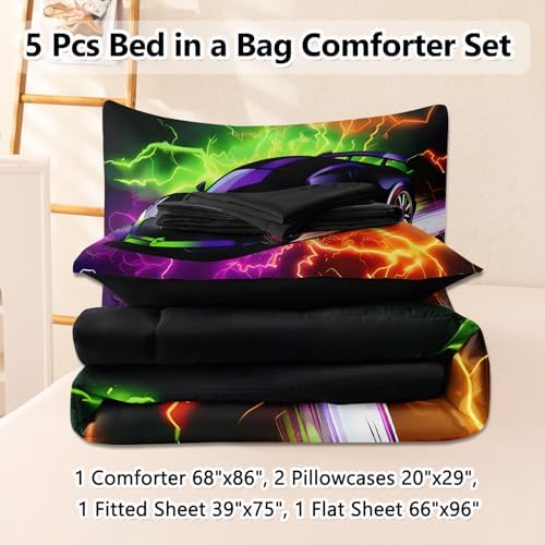 5 Pcs Twin Car Bedding Sets for Boys, Lightnings Car Twin Comforter Set for Boys Teens, Twin Boy Bedding Set with Sheets