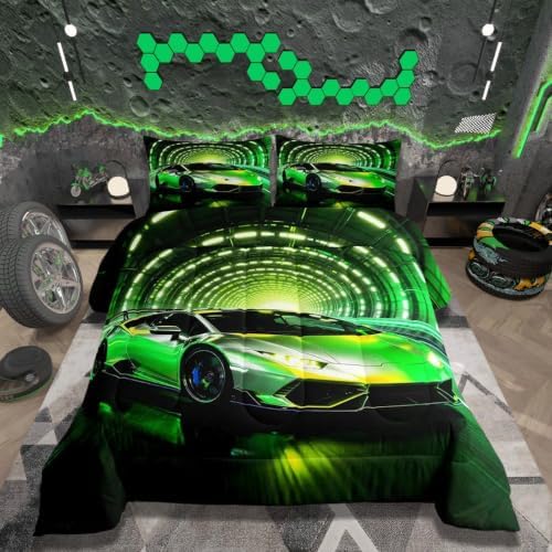 Feelyou Boys Race Car Kids Comforter Set Full Size Speed Sports Bedding Set Racing Extreme Sports Duvet Quilt for Kids Boys Girls Bedroom Green Racing Car Decor Microfiber Ultra Soft Breathable