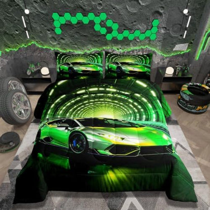 Feelyou Boys Race Car Kids Comforter Set Queen Size Speed Sports Bedding Set Racing Extreme Sports Duvet Quilt for Kids Boys Girls Bedroom Green Racing Car Decor Microfiber Ultra Soft Breathable