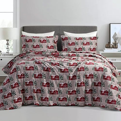 Elegant Comfort Luxuriously Soft 4-Piece Holiday Velvet Plush Flannel Sheet Set - Premium Quality - Cozy Warm, Christmas Fuzzy Velvet Flannel Fleece Deep Pocket Sheet Set - Cal King, Snowybarn