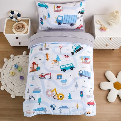 4-Piece Cars Toddler Bedding Set for Boys Girls- Soft & Skin Friendly Toddler Bed Set Includes Toddler Comforter, Flat Sheet, Fitted Sheet and Pillowcase (Light Blue)