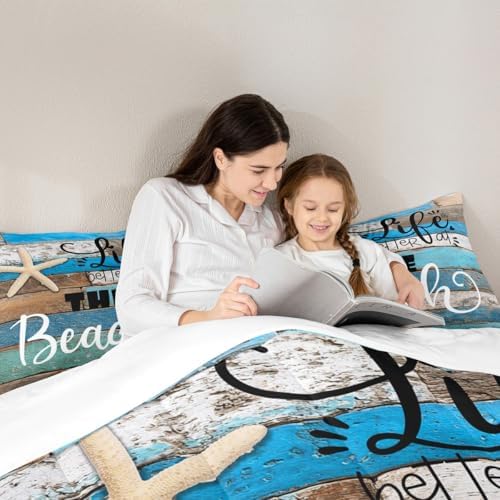 Blue Farmhouse Comforter Set King Size,Lake House Barn Door Bedding Set for Kids Teens Adults Room Decor,Hawaiian Ocean Bedspread Starfish Sea Life Quilted Duvet,2 Pillowcases,Vintage Brown