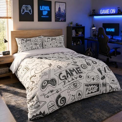 Gaming Comforter Sets for Boys Teen Queen Size,Kids Video Games Bedding Set Sketch Style Athletic Racing Game Design Bedroom Home Decor
