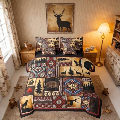 Erosebridal 7 Piece Rustic Cabin Plaid Comforter Set King,Rustic Farmhouse Aztec Bedding Sets for Kids Teens Men,Retro Hunting Wild Animals Bed in a Bag with Sheets,Country Woodland Pine Tree Bed Set