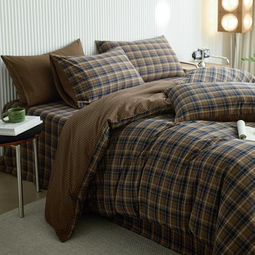 LifeTB Vintage Brown&Blue Plaid Duvet Cover Grid Bedding Set King, 100% Washed Cotton Retro Plaid Checkered Comforter Cover, 3 Piece Grid Pattern Duvet Cover Linen Feel Farmhouse Gingham Bedding Set