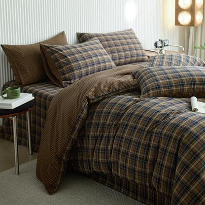 LifeTB Vintage Brown&Blue Plaid Duvet Cover Grid Bedding Set King, 100% Washed Cotton Retro Plaid Checkered Comforter Cover, 3 Piece Grid Pattern Duvet Cover Linen Feel Farmhouse Gingham Bedding Set