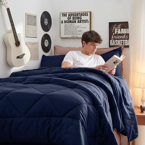 HEVUMYI 5-Piece Twin Comforter Set, Navy Bed in a Bag