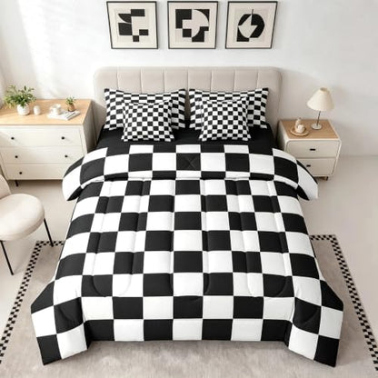 Feelyou Checkered Retro 7 Piece Bedding Set Teen Women Men Black White Plaid Comforter Set with Sheets Twin Size Kids Boys Geometric Vintage Bed in a Bag Modern Simple Groovy Aesthetic Room Decor