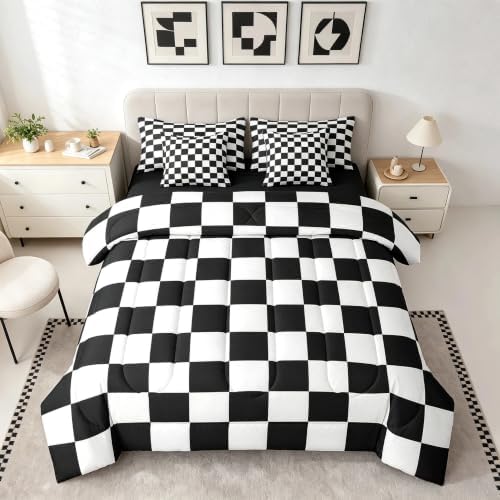 Feelyou Checkered Retro 7 Piece Bedding Set Teen Women Men Black White Plaid Comforter Set with Sheets Full Size Kids Boys Geometric Vintage Bed in a Bag Modern Simple Groovy Aesthetic Room Decor