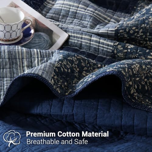 Yvooxny Quilt Set California King 3-Piece Quilt Set Plaid Floral Patchwork Quilts Cotton Quilted Bedspread with Pillowcases for All Seasons, Azure Blue, 118x110 Inches