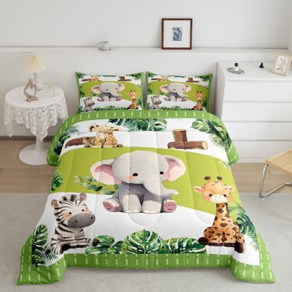 Feelyou Cartoon Animals Comforter Set Queen Size Cute Elephant Zebra Leopard Giraffe Bedding Set for Kids Boys Girls Palm Leaves Duvet Quilt Bedroom Decor Microfiber 3 Pcs with 2 Pillow Cases