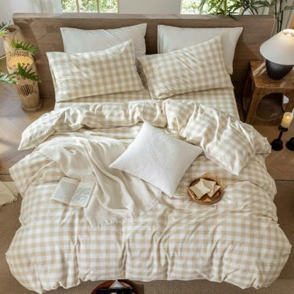MooMee Gingham Duvet Cover Set 100% Washed Cotton Linen Like