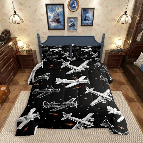 Erosebridal Boys Cartoon Airplane King Comforter Set, Modern Aircraft Bedding Set, Black and White Comforter, Aviation Theme Quilt with 2 Pillowcases for Kids Men Bedroom Decor, 3 Pcs