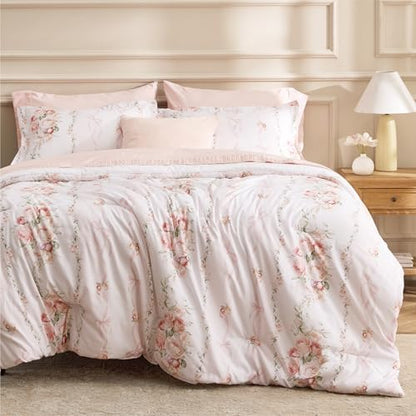 Bedsure Pink Floral King Size Comforter, Soft Breathable Fall Bedding 3 Pcs