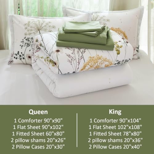 Yiran King Comforter Size Set, 7 Piece Green Dandelion Floral Bed in a Bag