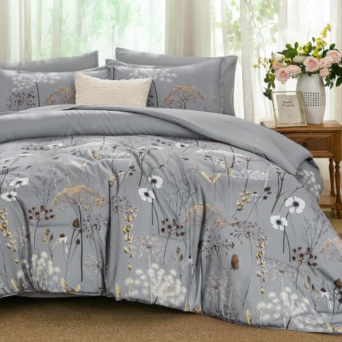 Yiran King Comforter Size Set, 7 Piece Grey Dandelion Floral Bed in a Bag