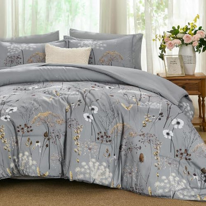 Yiran King Comforter Size Set, 7 Piece Grey Dandelion Floral Bed in a Bag