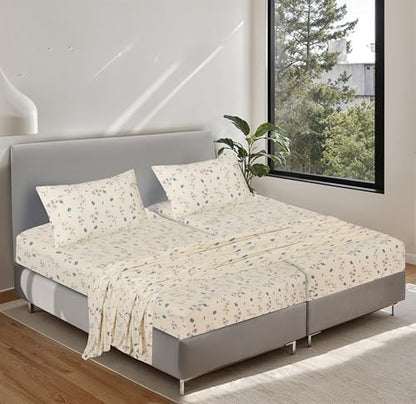 RUVANTI 100% Cotton Flannel Sheets Split King Size, Jasmine Stamp Cream