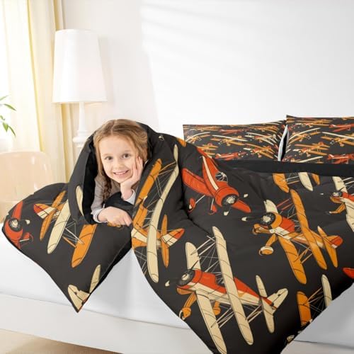 Erosebridal Cartoon Aircraft Bedding Set King, Modern Airplane Comforter Set, Propeller Plane Black Comforter for Kids Boys Men Bedroom Decor, Aviation Theme Quilt with 2 Pillowcases, 3 Pcs