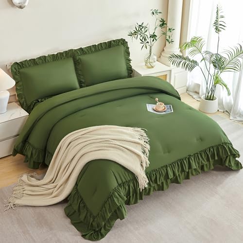ANGIYUIN Twin Comforter Set - 5 Pieces Olive Green Ruffled Bedding Sets