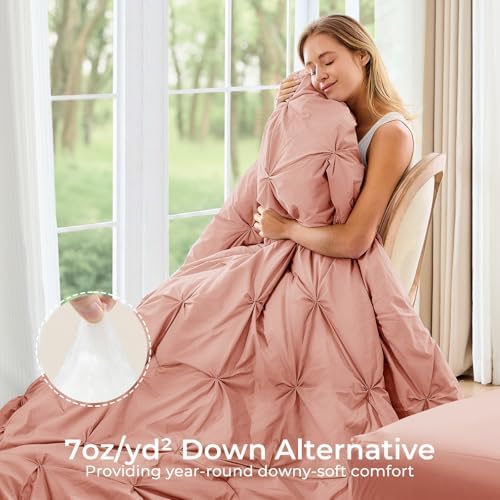 Sasttie Twin Comforter Set, 5-Piece Bed in a Bag, Pintuck Bedding Sets for All Season, Includes Comforter, Flat Sheet, Fitted Sheet, Pillowcase and Pillowsham, Blush