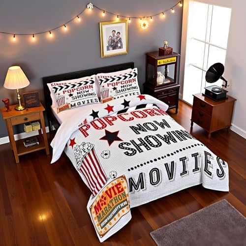 Homewish 70's Vintage Cinema Movie Theater Comforter Set Popcorn Bedding Set 2pcs Cinema Poster Design All Season Quilt Set for Kids Boys Girls Black Red Microfiber Duvet Insert Room Decor Twin Size