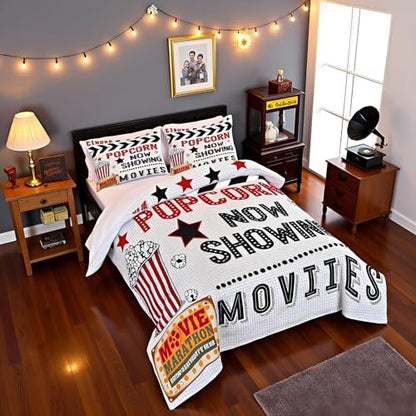 Homewish 70's Vintage Cinema Movie Theater Comforter Set Popcorn Bedding Set 2pcs Cinema Poster Design All Season Quilt Set for Kids Boys Girls Black Red Microfiber Duvet Insert Room Decor Twin Size