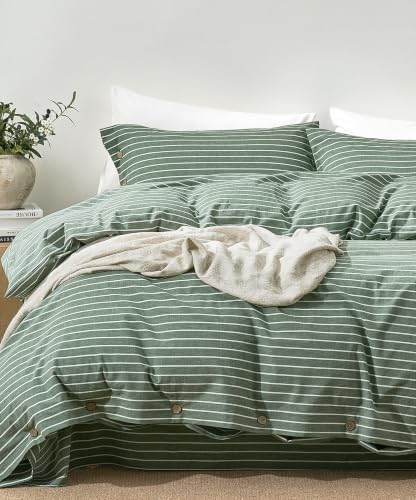 JELLYMONI 100% Washed Cotton Forest Green Striped Duvet Cover Set Full