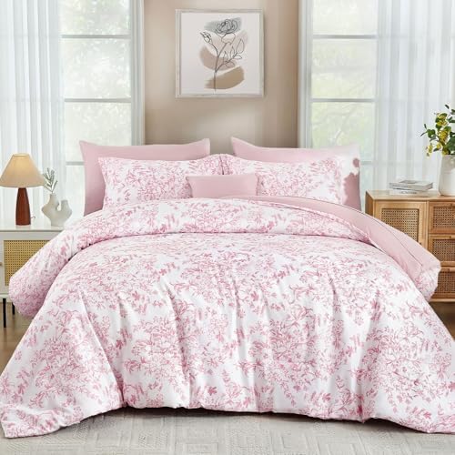 WONGS BEDDING Full Size Comforter Set 8 Pieces Pink Floral Bed Set