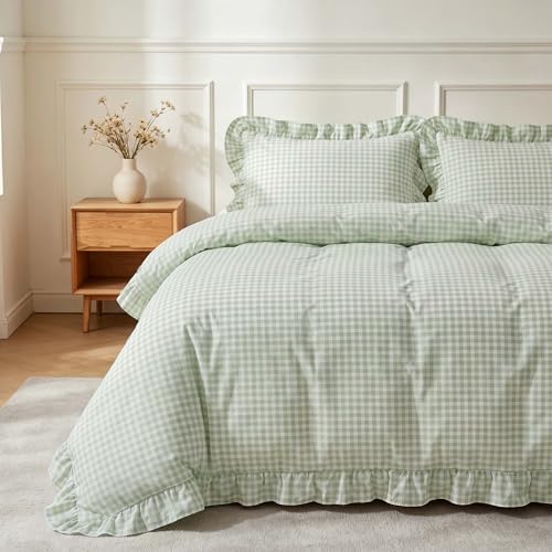 Nayoroom Green Ruffle Gingham Comforter Set Queen Plaid Checkered Bedding