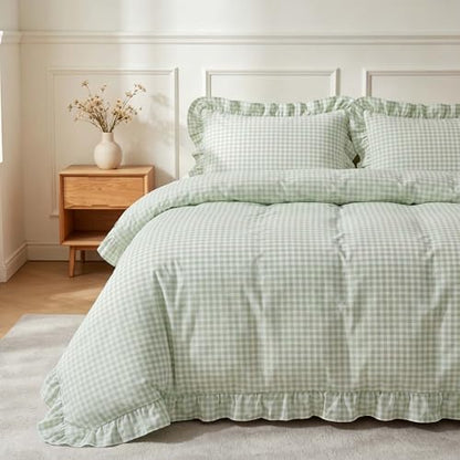 Nayoroom Green Ruffle Gingham Comforter Set Queen Plaid Checkered Bedding