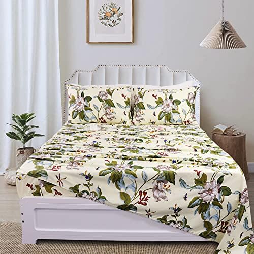FADFAY Shabby Floral Sheets Full 100% Cotton 600 TC White Flower and Green Leaves Bedding Vintage Garden Botanical Print Country Side Bed Sheet Soft Hypoallergenic Deep Pocket Sheet 17.5''