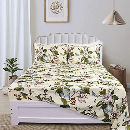FADFAY Shabby Floral Sheets Full 100% Cotton 600 TC White Flower and Green Leaves Bedding Vintage Garden Botanical Print Country Side Bed Sheet Soft Hypoallergenic Deep Pocket Sheet 17.5''