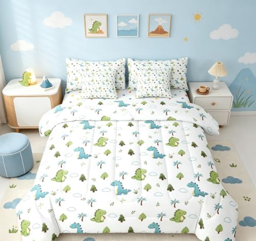 Feelyou Cute Dinosaur 7 Piece Bedding Set Cartoon Dino Comforter Set with Sheets for Kids Boys Girls Animal Theme Bed in a Bag White Blue Green Bed Set Soft Lightweight
