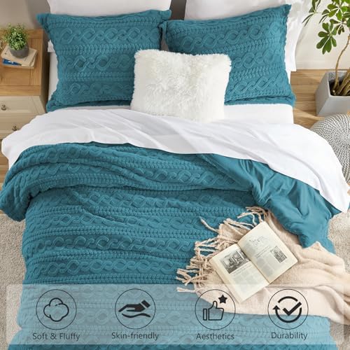 Homelike Moment Fleece King Comforter Set Blue, Fluffy Bed Set 3 Piece