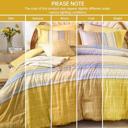 Boho Queen Comforter Size Set, 8 Pieces Yellow Striped Texture Bed in a Bag Bedding Sets, Lightweight Soft Bohemian Comforter and Sheet Set, All Season Microfiber Teen Boys Bedding Sets for Men Women
