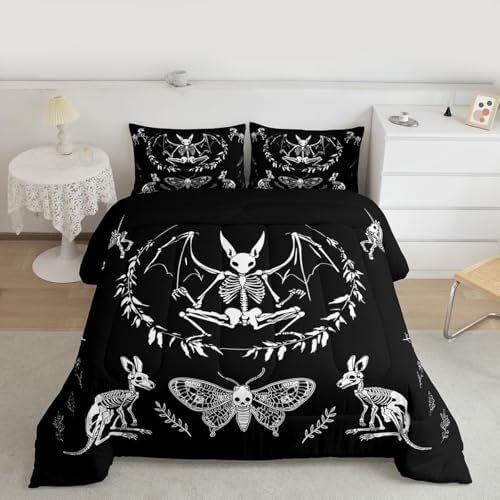 Feelyou Skull Comforter Set Bat Skeleton Comforter Boho Moth Gothic Skull Bedding Set for Kids Boys Girls Adults Halloween Themed Duvet Set Soft Horror Room Decor King Size Quilt Boys