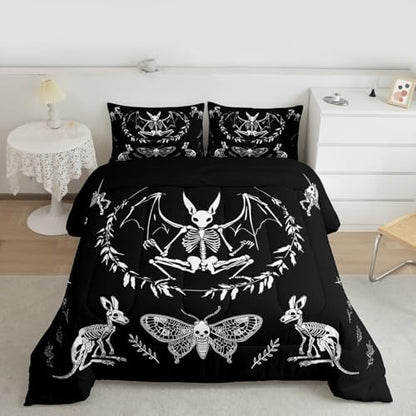 Feelyou Skull Comforter Set Bat Skeleton Comforter Boho Moth Gothic Skull Bedding Set for Kids Boys Girls Adults Halloween Themed Duvet Set Soft Horror Room Decor King Size Quilt Boys