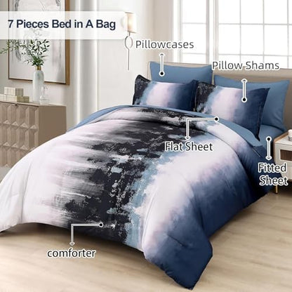 Dinjoy Ombre Blue Comforter Set Cal King Size Gradient Navy Blue Black Boho Bedding Set