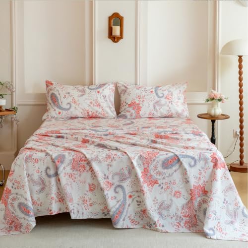 FADFAY 100% Cotton Percale Queen Sheet Set, Vintage Pink Paisley Floral