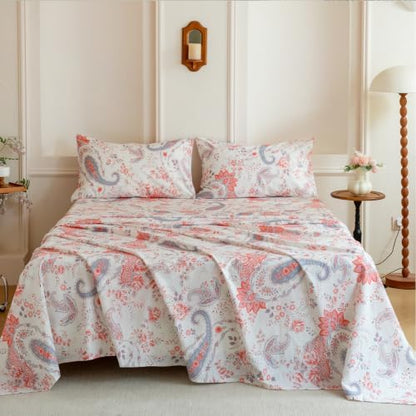 FADFAY 100% Cotton Percale Queen Sheet Set, Vintage Pink Paisley Floral