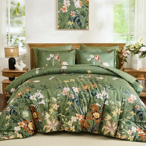 WONGS BEDDING Green Floral Comforter Set King 7 Piece Bedding